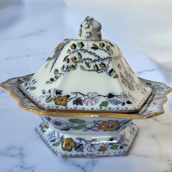 Ashewood Brothers Hanley Tureen & Lid Floral Flying Birds England 1895 - Picture 1 of 12